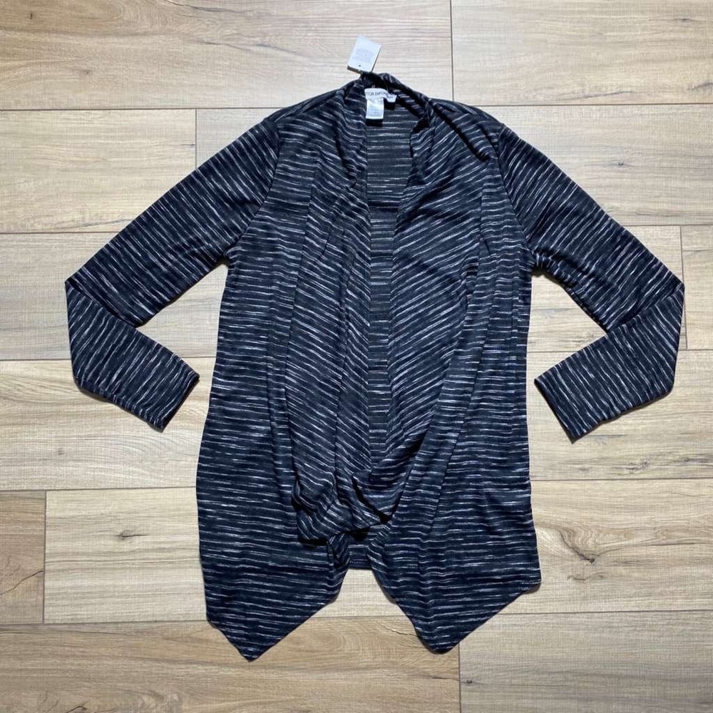 Cotton Emporium Womens Striped Open Front Waterfall‎ Cardigan M Black White Gray